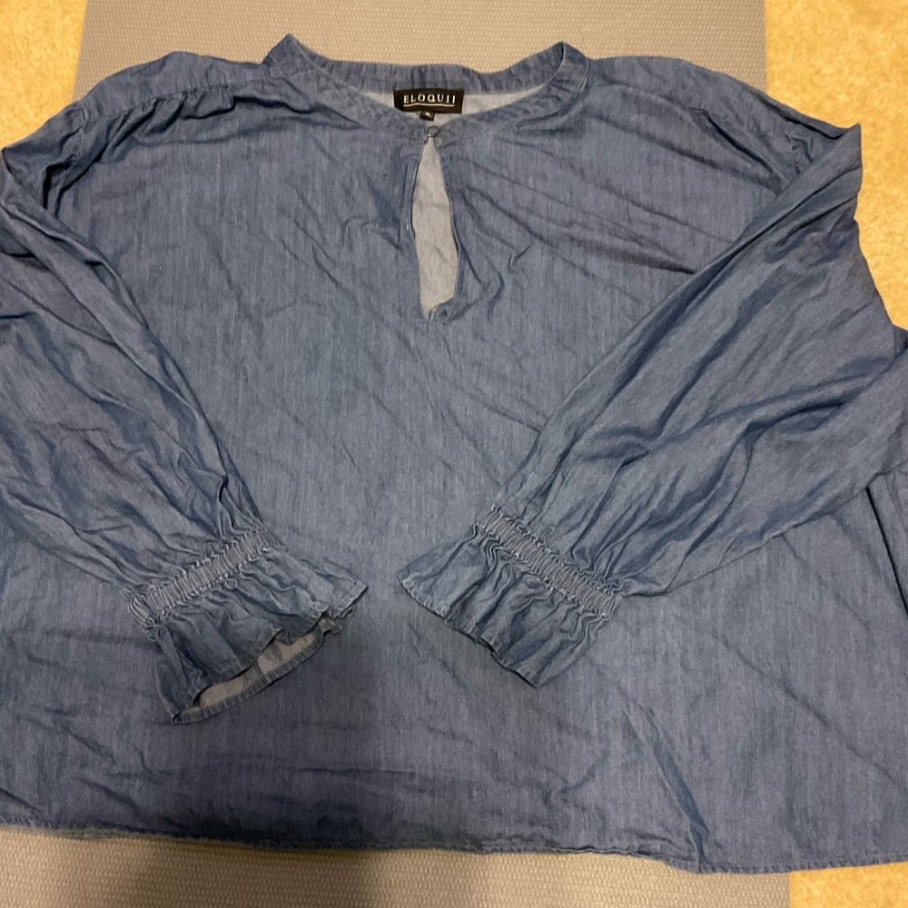 ELOQUII DENIM RUFFLE PLUS SIZE BLOUSE